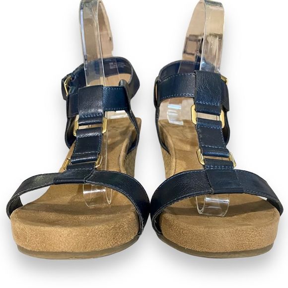 A2 Aerosoles | Navy T Strap Wedge Buckle Sandals | Size 9 - Picture 4 of 11